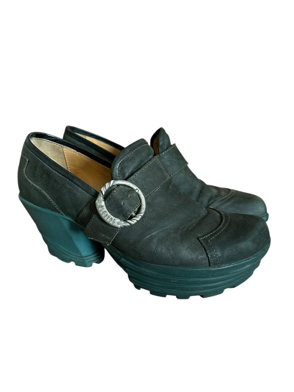 John Fluevog Dark Green Jammin Leather Lug Platform Buckle Loafers Size 10